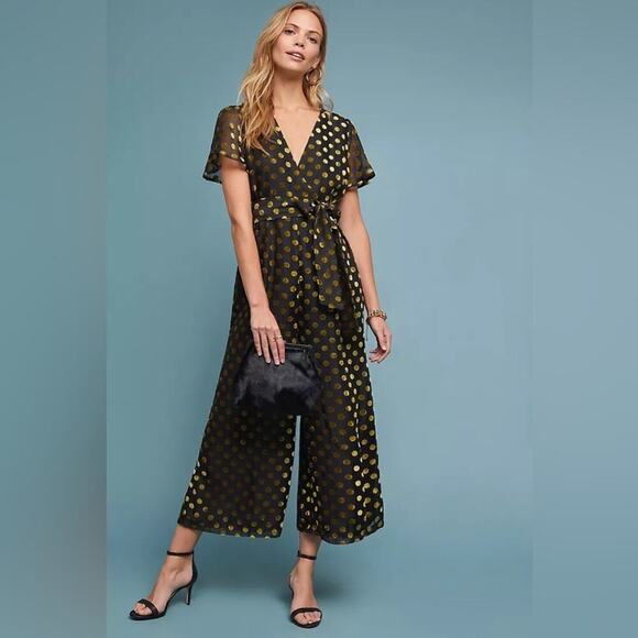 Anthropologie ASTR THE LABEL Metallic Polka Dot Wide Leg Jumpsuit V Neck Size S - Picture 1 of 15